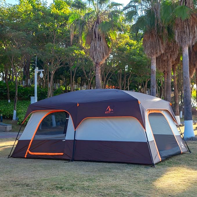 KTT Extra Large Tent 10-12-14 Person(A),Family Cabin Tents,2 Rooms,3 Doors and 3 Windows with Mesh,Straight Wall,Waterproof,Double Layer,Big Tent for Outdoor,Picnic,Camping,Family Gathering
