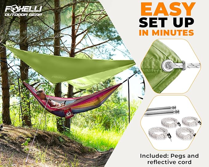 Foxelli Hammock Rain Fly - Waterproof Lightweight Tent & Hammock Rain Tarp for Camping, Backpacking w/Easy Setup Including Extra Long Guy Lines & Stakes