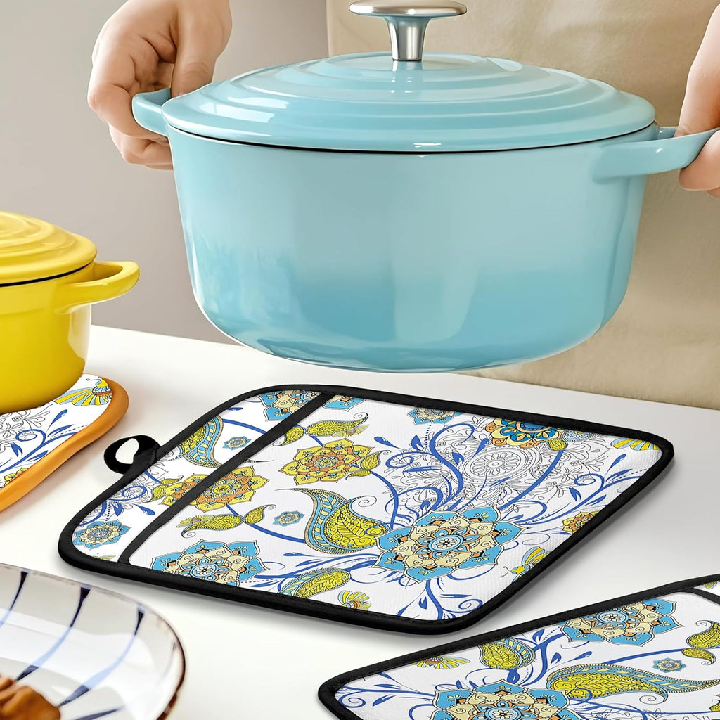 Boho Floral Oven Mitts Set, Vintage Luxury Blue and Gold Flower Floral Heat Resistant Kitchen Oven Gloves for Baking and Cooking,Pot Holders