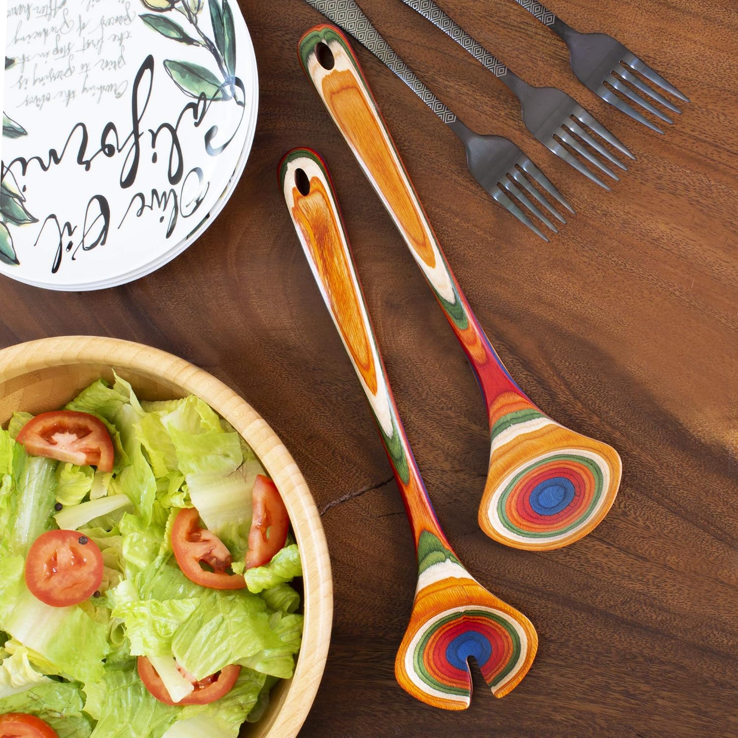 Totally Bamboo Baltique Marrakesh Collection Wooden Salad Serving Utensils Set, 11-3/4" Long