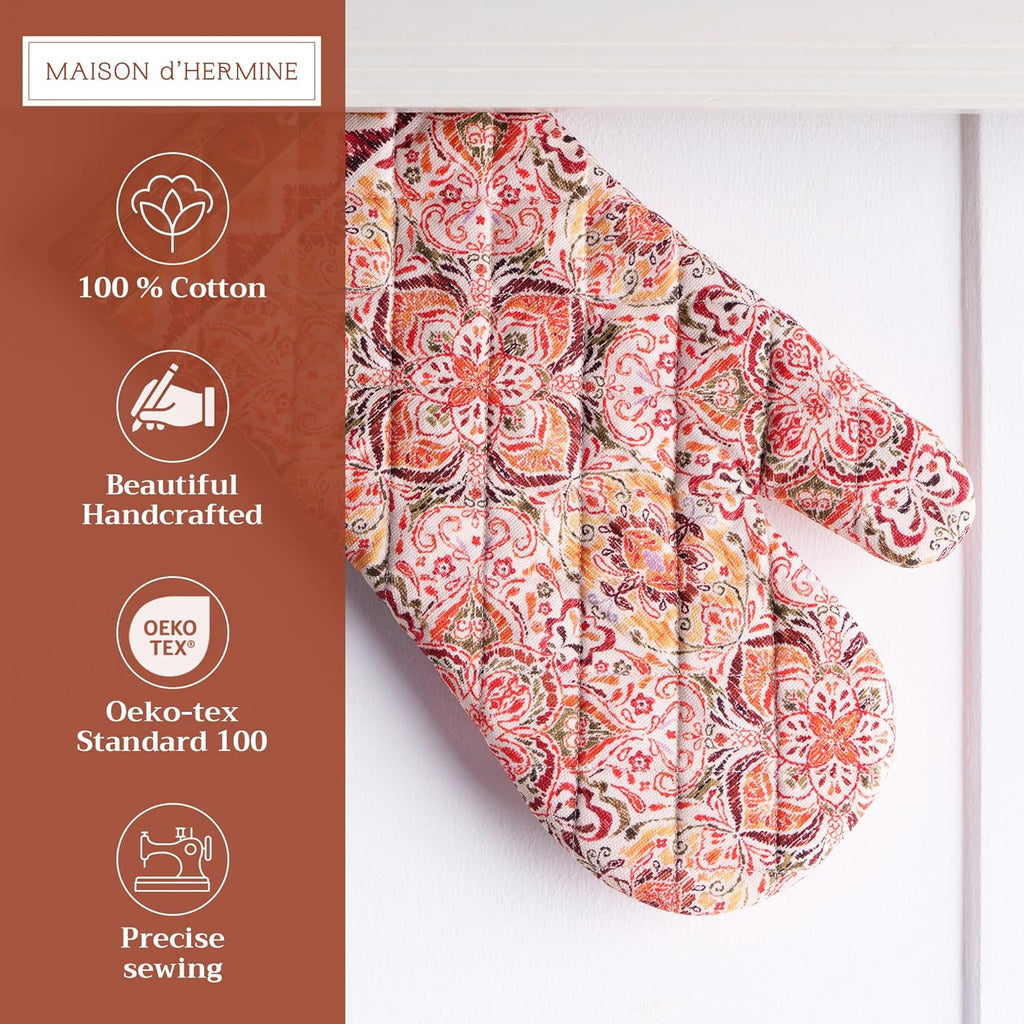 Maison d' Hermine Oven Gloves 100% Cotton Oven Mitt 7" x 13" with Loop Heat Resistant, BBQ, Cooking Gloves, Baking, Grilling, Kitchen, Handling Hot Pans (Pack of 1, Damask)