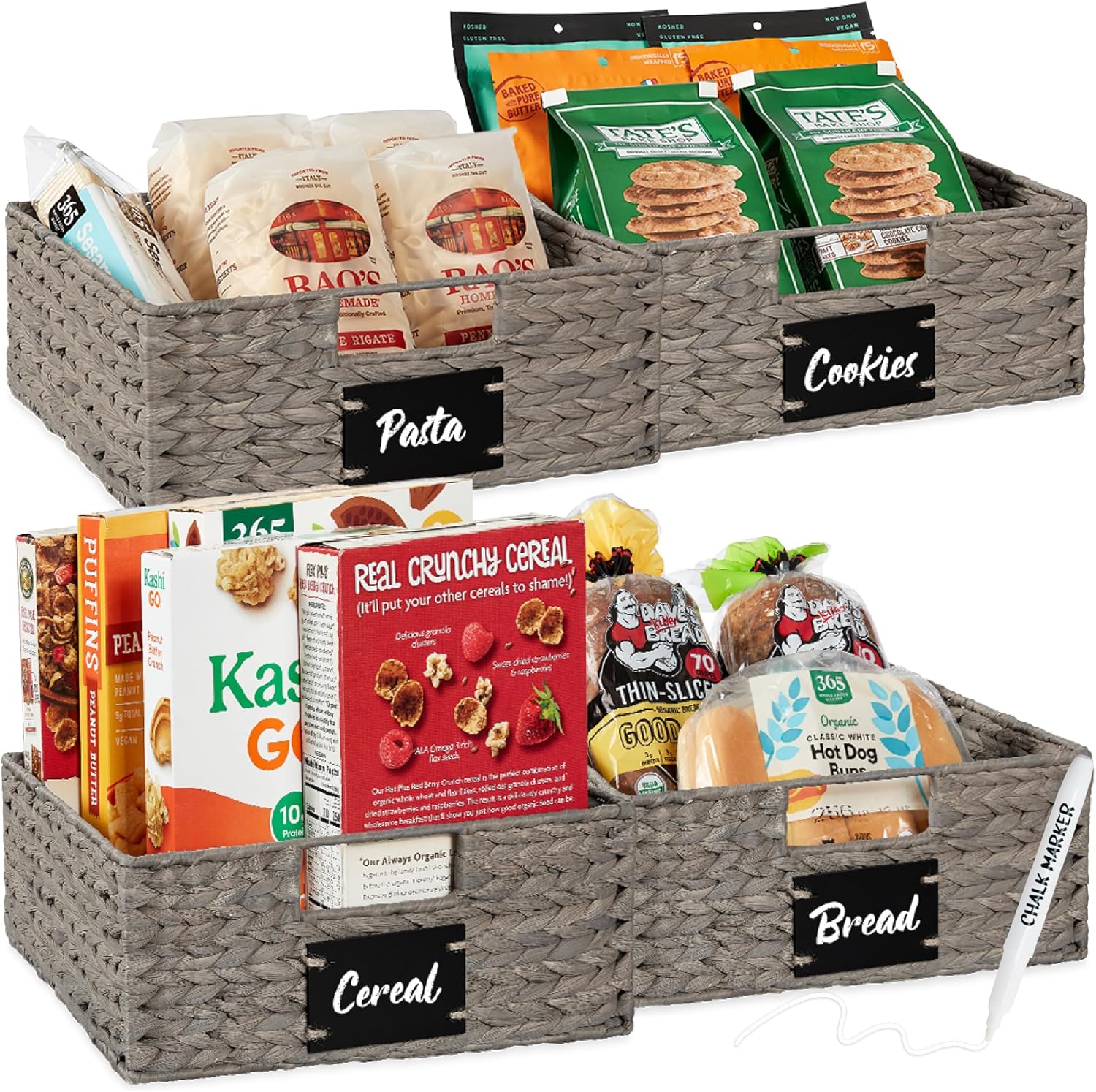 Best Choice Products Set of 4 13x12in Water Hyacinth Pantry Baskets, Woven Organizers w/Chalkboard Label, Chalk Marker - Gray