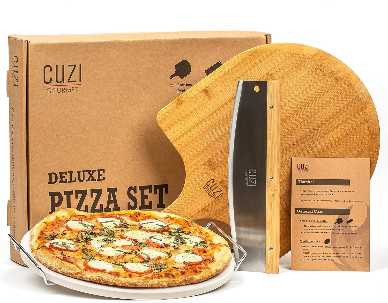 Cuzi Gourmet 4-Piece Large Pizza Stone Set - 13" Thermal Shock Resistant Cordierite Pizza Stone with Handle Rack, 19" Natural Bamboo Pizza Peel & Pizza Cutter - Large Baking Stone for Grill and Oven