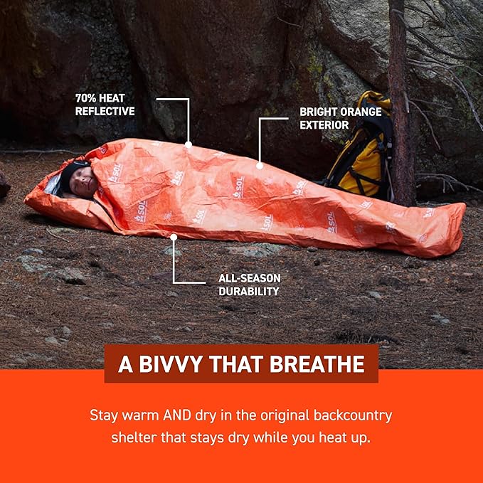SOL Escape Bivvy with Hood - Emergency Preparedness Blanket - Reflects Up to 70% Body Heat - Outdoor Survival Bivvy - Water Resistant - Durable & Breathable - Winter Camping Supplies - Orange