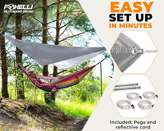 Foxelli Hammock Rain Fly - Waterproof Lightweight Tent & Hammock Rain Tarp for Camping, Backpacking w/Easy Setup Including Extra Long Guy Lines & Stakes