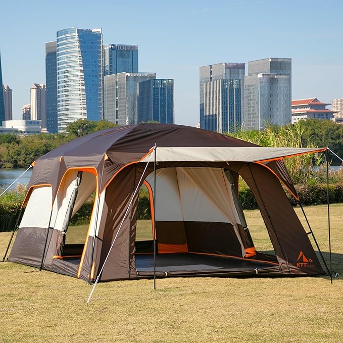 KTT Extra Large Tent 10-12-14 Person(B),Family Cabin Tents,2 Rooms,3 Doors and 3 Windows with Mesh,Straight Wall,Waterproof,Double Layer,Big Tent for Outdoor,Picnic,Camping,Family Gathering