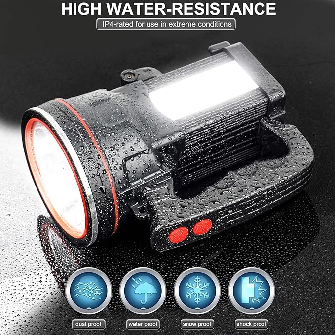 BIGSUN Spotlight Flashlight, 12800 mAh Rechargeable Flashlights High Lumens, Multifunctional Bright Flashlight, Outdoor Waterproof Camping Search Light Tactical Torch for Emergency, Boat, Hunting
