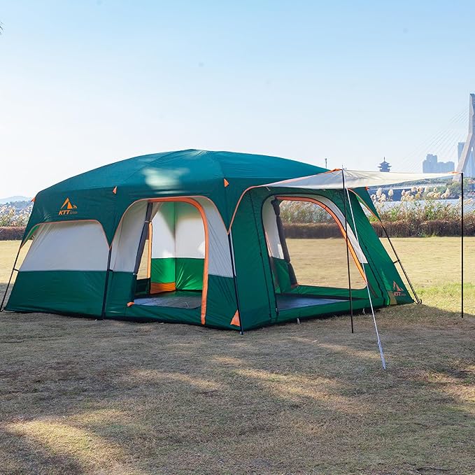 KTT Extra Large Tent 10-12-14 Person(A),Family Cabin Tents,2 Rooms,3 Doors and 3 Windows with Mesh,Straight Wall,Waterproof,Double Layer,Big Tent for Outdoor,Picnic,Camping,Family Gathering
