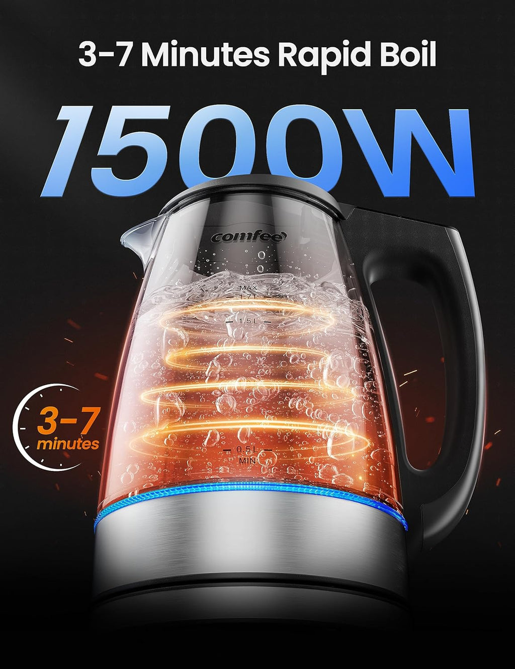 COMFEE' 1.7L Glass Tea Kettle and Kettle Water Boiler - Electric Kettle Temperature Control with 6 Presets, 2-Hr Keep Warm, Fast Heating, 304 Stainless Steel, Auto-Off and Boil-Dry Protection