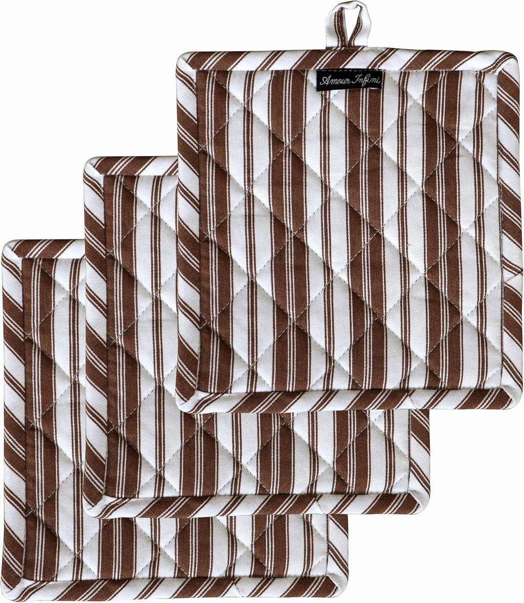 AMOUR INFINI Double Stripe Pot Holders Heat Resistant Cotton Set of 3 Nonslip 8"x8" Inch Hot Pads for Kitchen, BBQ, Baking & Cooking with Hanging Loops (Brown)