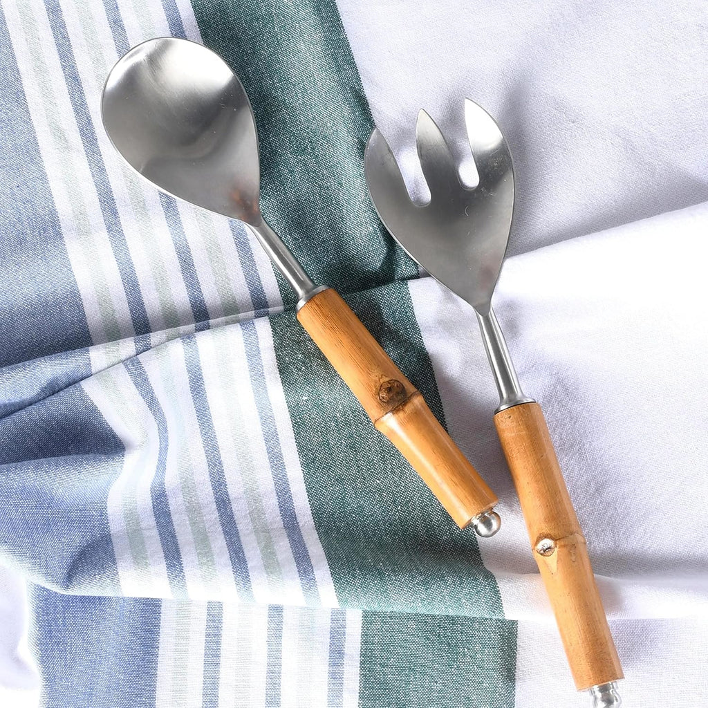 Folkulture Serving Utensils for Modern Cooking, Stainless Steel Salad Servers or Tongs, 12 Inch Tosser, Spoon and Fork Set With Bamboo Handle, Silver