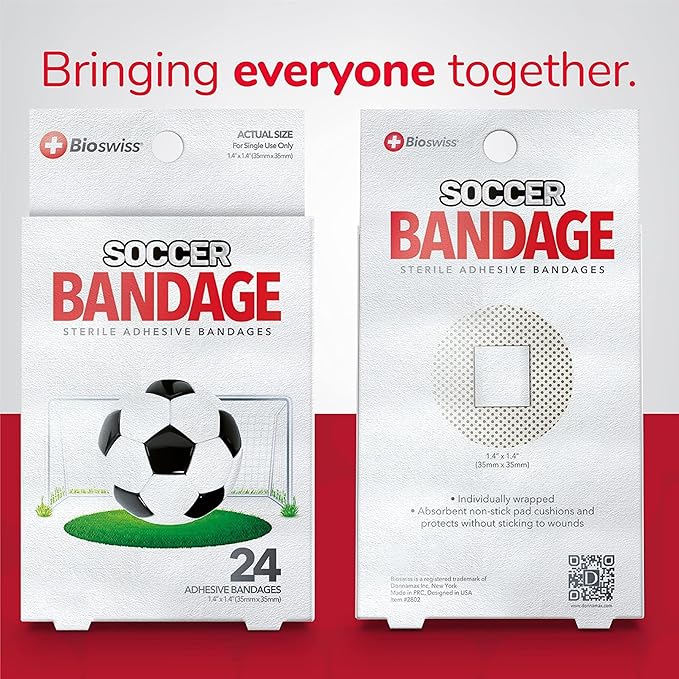 BioSwiss Bandages, Soccer Ball Shaped Self Adhesive Bandage, Latex Free Sterile Wound Care, Fun First Aid Kit Supplies for Kids, 24 Count