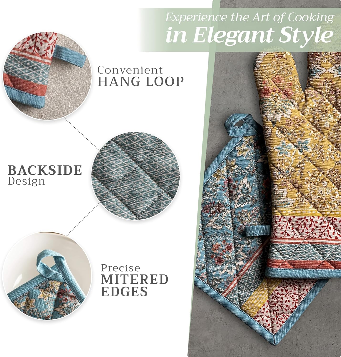 Maison d' Hermine 100% Cotton Oven Mitt & Pot Holder Set (7.5"x13" & 8"x8") Heat Resistant BBQ Cooking Gloves with Loop, Baking, Grilling, Kitchen, Handling Hot Pans Spring/Summer (Marquise)