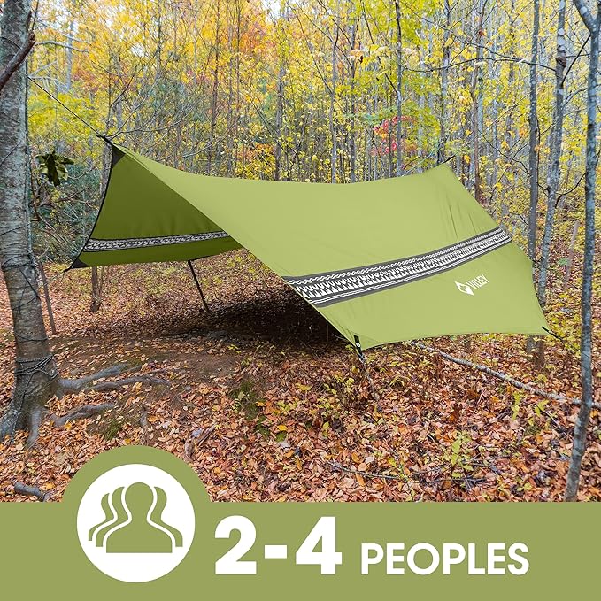 VILLEY Hammock Tent Rain Fly, Octagonal Waterproof Camping Tarp, Sun Shelter for Camping, Backpacking, Hiking, Accessory Includes Stakes, Ropes and Carry Bag (Green)
