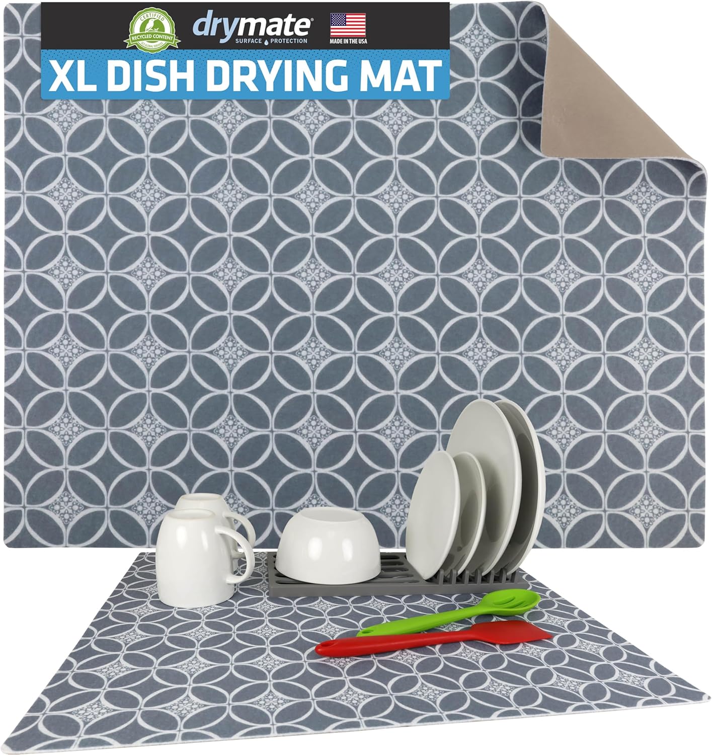 Drymate XL Dish Drying Mat, Oversized (19”x24”), Low-Profile, Super Absorbent, Quick Dry Fabric, Waterproof & Slip-Resistant, for Kitchen Counter, Trimmable, Easy to Clean (USA Made)(Indigo Grey)
