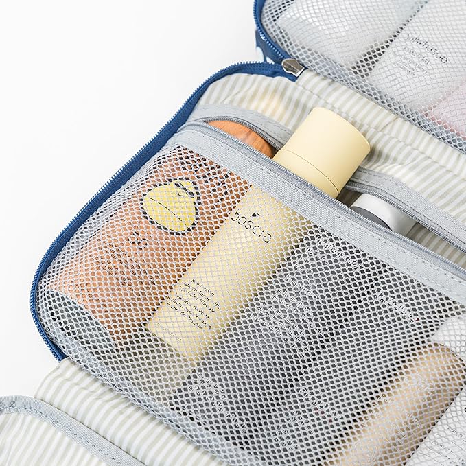 PAVILIA Hanging Toiletry Bag Travel Bag Women Men, Foldable Cosmetic Organizer, Roll up Makeup Bag, Water Resistant Accessories Toiletries, Large Travel Essentials Kit (Navy Stripe)