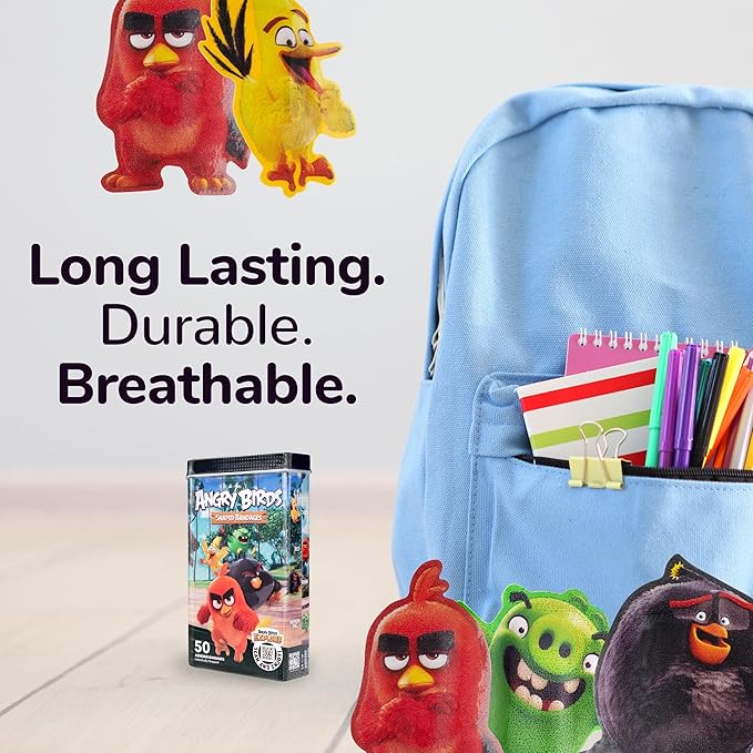BioSwiss Bandages, Angry Birds Movie Shaped Self Adhesive Bandage, Latex Free Sterile Wound Care, Fun First Aid Kit Supplies for Kids and Adults, 50 Count