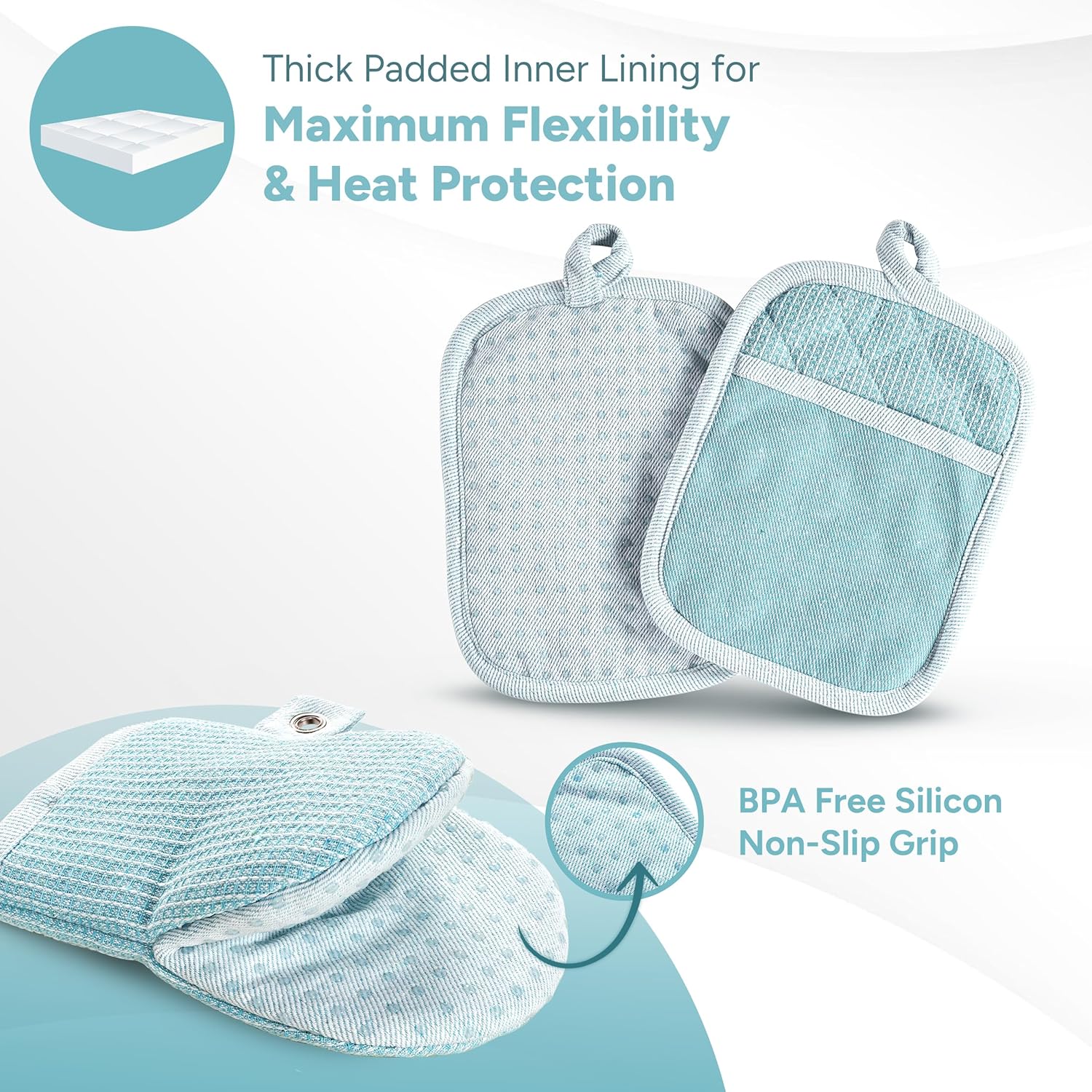 Casa Platino Oven Mitts and Pot Holders Sets, 8-Piece – 500°F Heat Resistant Mini Oven Mitts with Silicone Grip, Potholders for Kitchens, 2 Kitchen Towels & 2 Dish Cloths – Non-Slip & Durable – Aqua