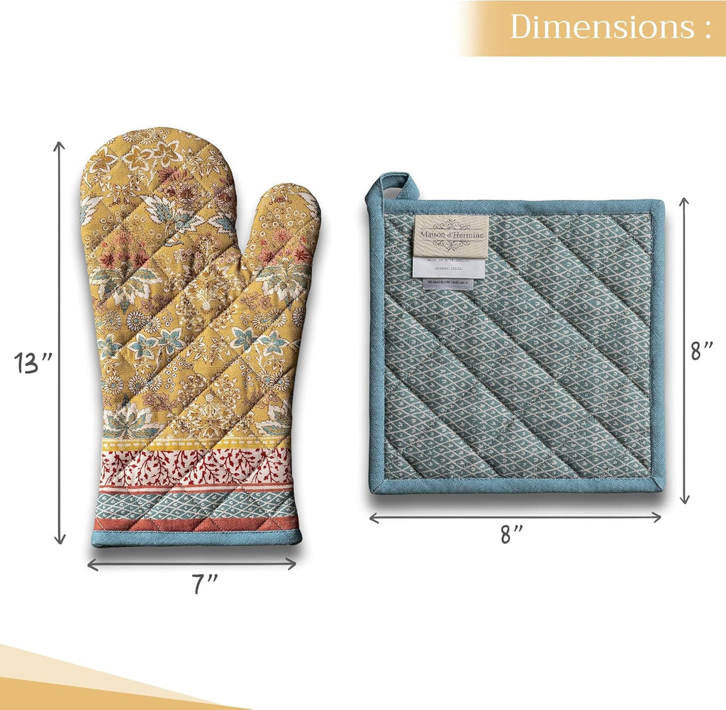 Maison d' Hermine 100% Cotton Oven Mitt & Pot Holder Set (7.5"x13" & 8"x8") Heat Resistant BBQ Cooking Gloves with Loop, Baking, Grilling, Kitchen, Handling Hot Pans Spring/Summer (Marquise)