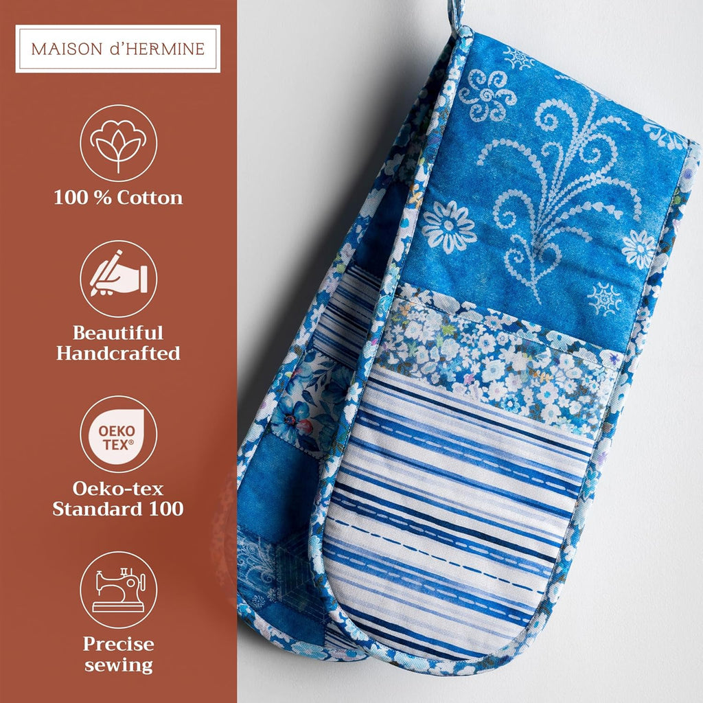 Maison d Hermine Summer Blue 100% Cotton Easter Double Oven Glove with Loop Heat Resistant for BBQ | Cooking | Baking | Grilling | Microwave | Barbecue | Spring/Summer (7.5 Inch by 35 Inch)