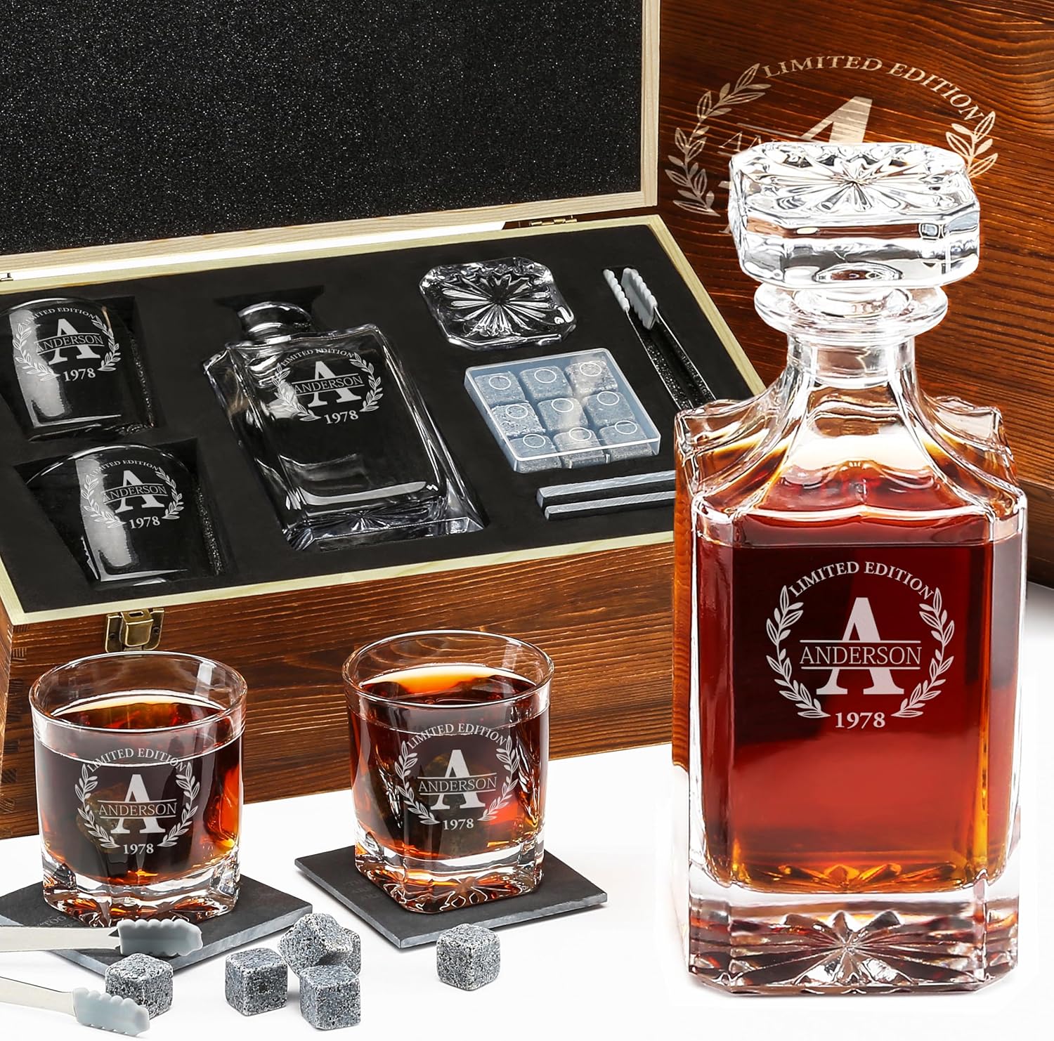Personalized Whiskey Decanter and Stones Set - Customized Gift for Him - Men, Dad, Father - Engraved Classic Decanter, Glasses, 9 Granite Stones in Container, Coasters, Tongs in Wooden Gift Box