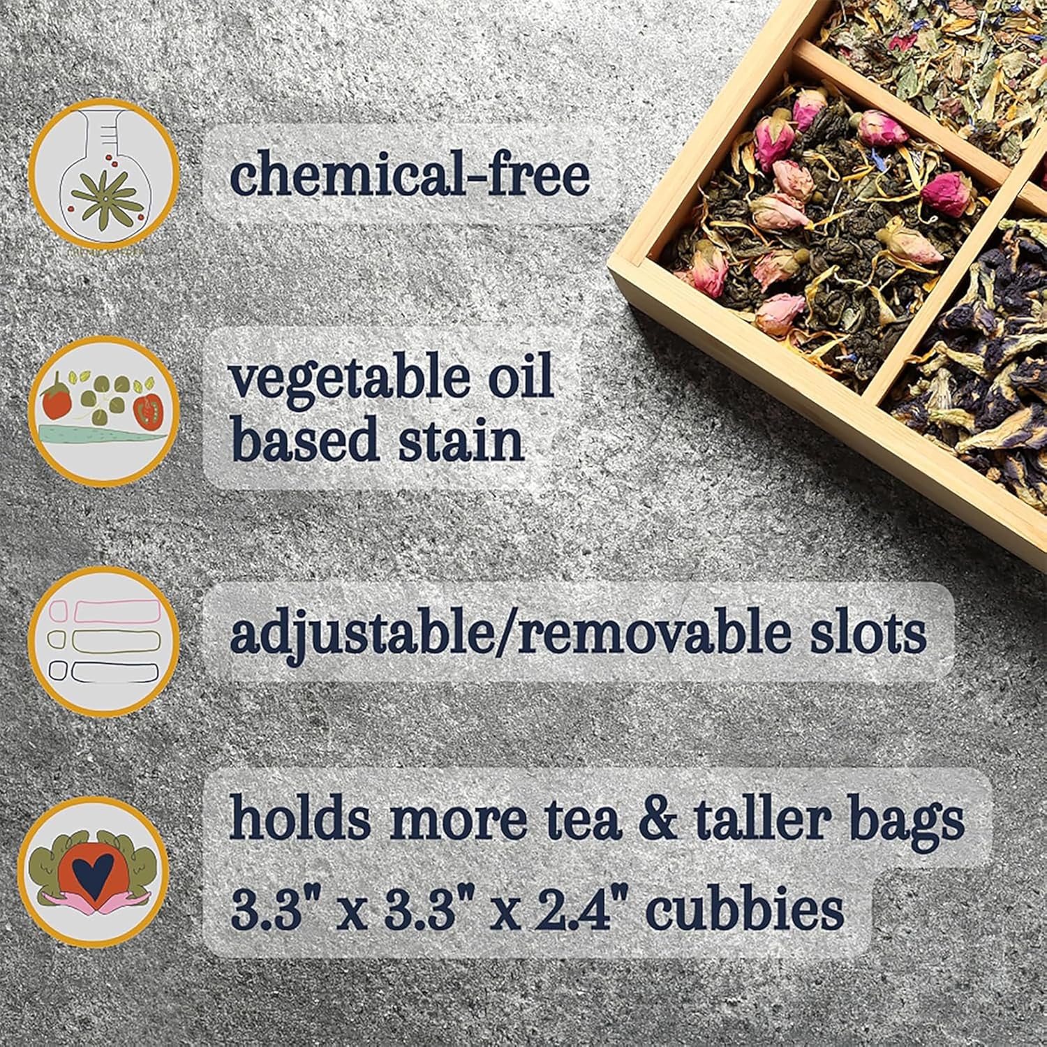 Bamboo Tea Organizer Box Chemical Free Eco-Friendly Big, Tall, Adjustable Cubbies Natural Wooden Storage Chest (8-Slot 14.3" x 8.1" x 4.2" with Tea Leaf design)