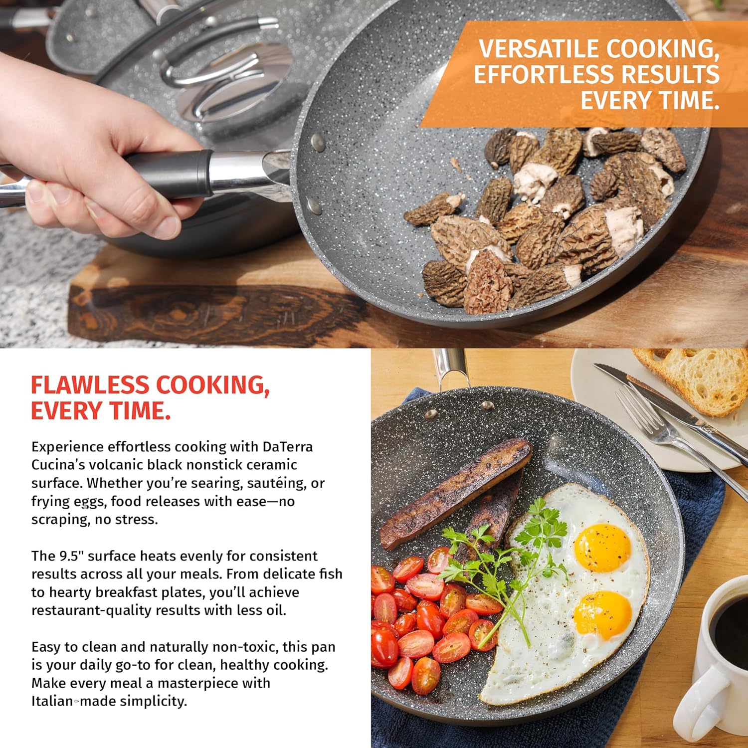 DaTerra Cucina - 9.5" Nonstick Ceramic Frying Pan - Made in Italy - Oven & Induction Safe - High Heat Resistant Nonstick Cookware - Dishwasher Safe - Volcanic Black Speckled