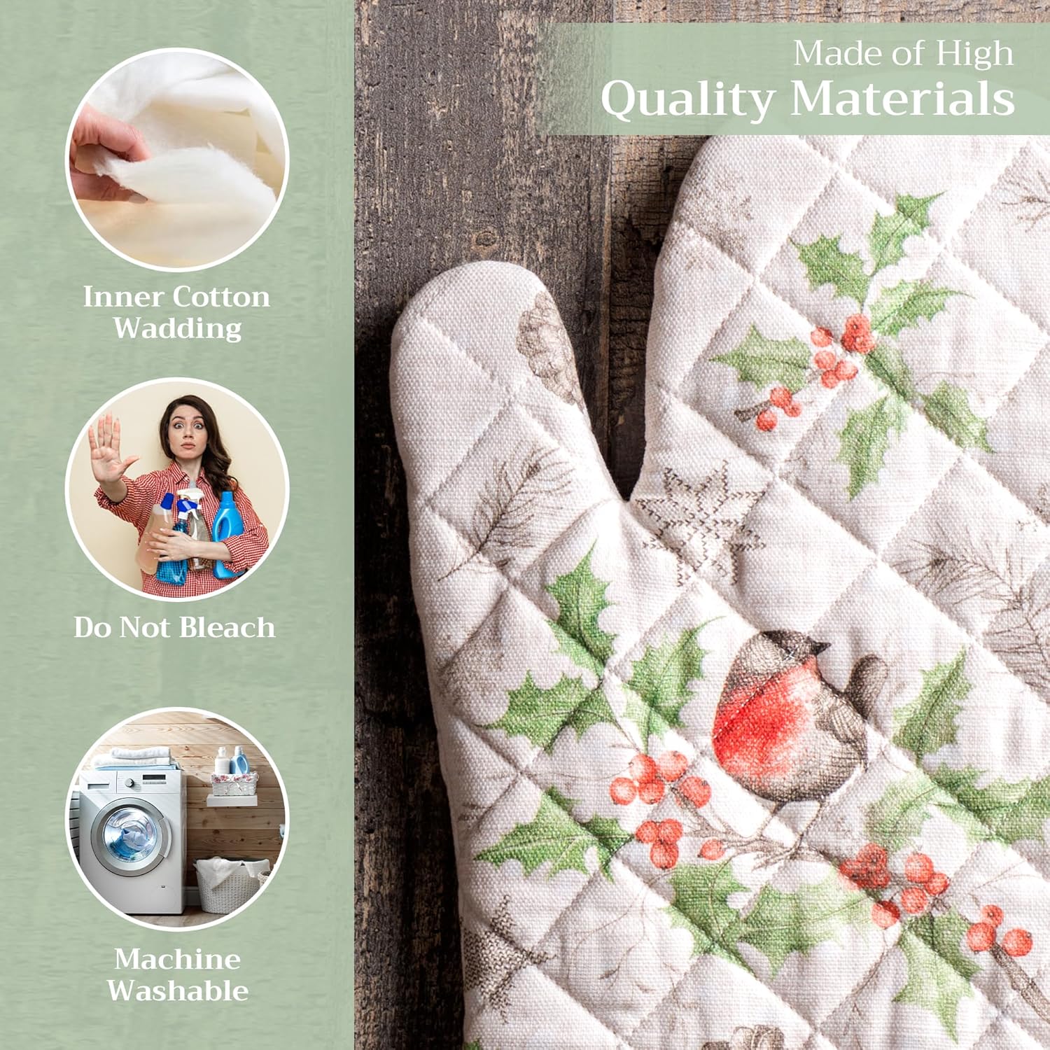 Maison d' Hermine Oven Gloves 100% Cotton Oven Mitt 7" x 13" with Loop Heat Resistant, BBQ, Cooking Gloves, Baking, Grilling, Kitchen, Handling Hot Pans (Pack of 1, Christmas Dew)