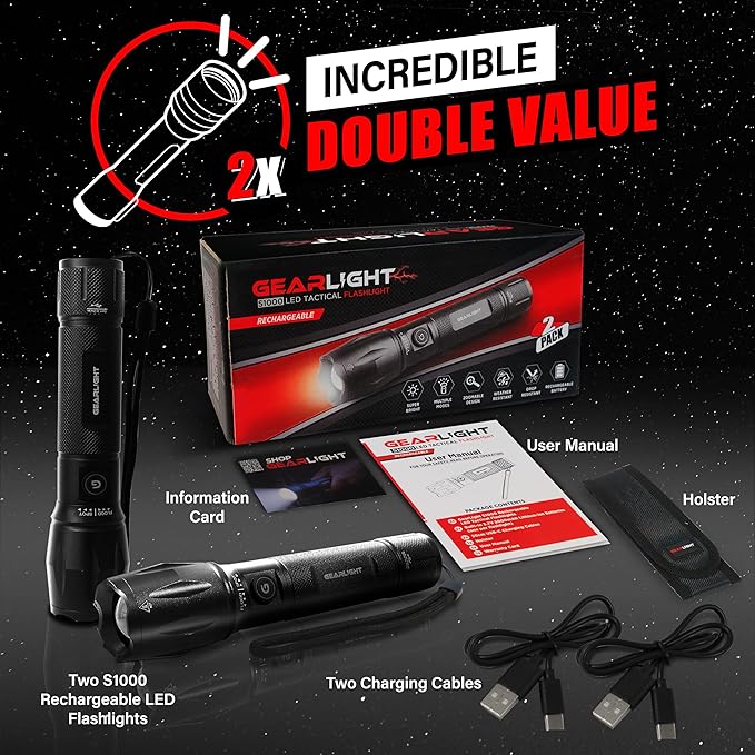 GearLight S1000 Rechargeable LED Tactical Flashlight – 2 Pack, High Lumens, USB-C Fast Charging, Dual-Button, IPX4 Water-Resistant, Pocket-Sized for Camping & Emergencies, with Batteries & Accessories