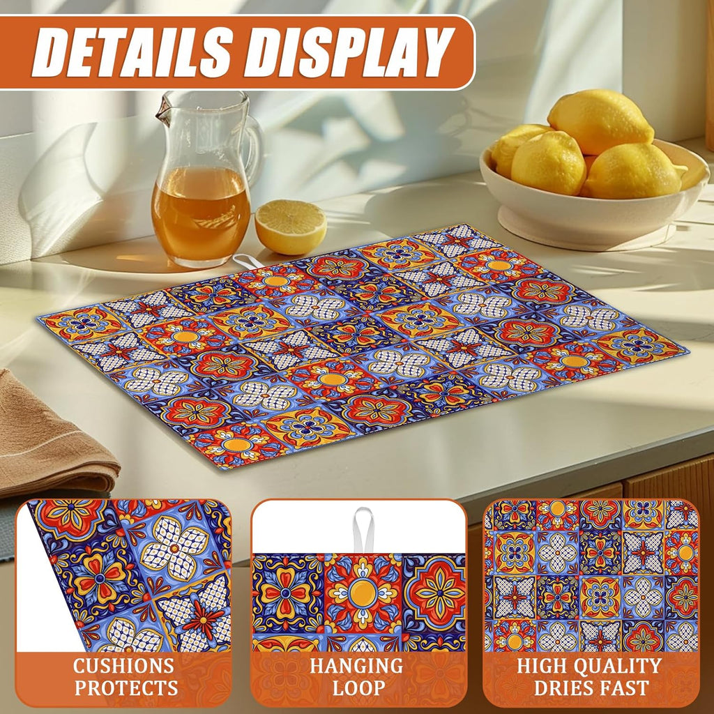Talavera Mexican Tiles Dish Drying Mat for Kitchen Counter Microfiber Absorbent Dish Kitchen Drying Mat Draining Reusable Washable for Dishes/Utensils/Counterto