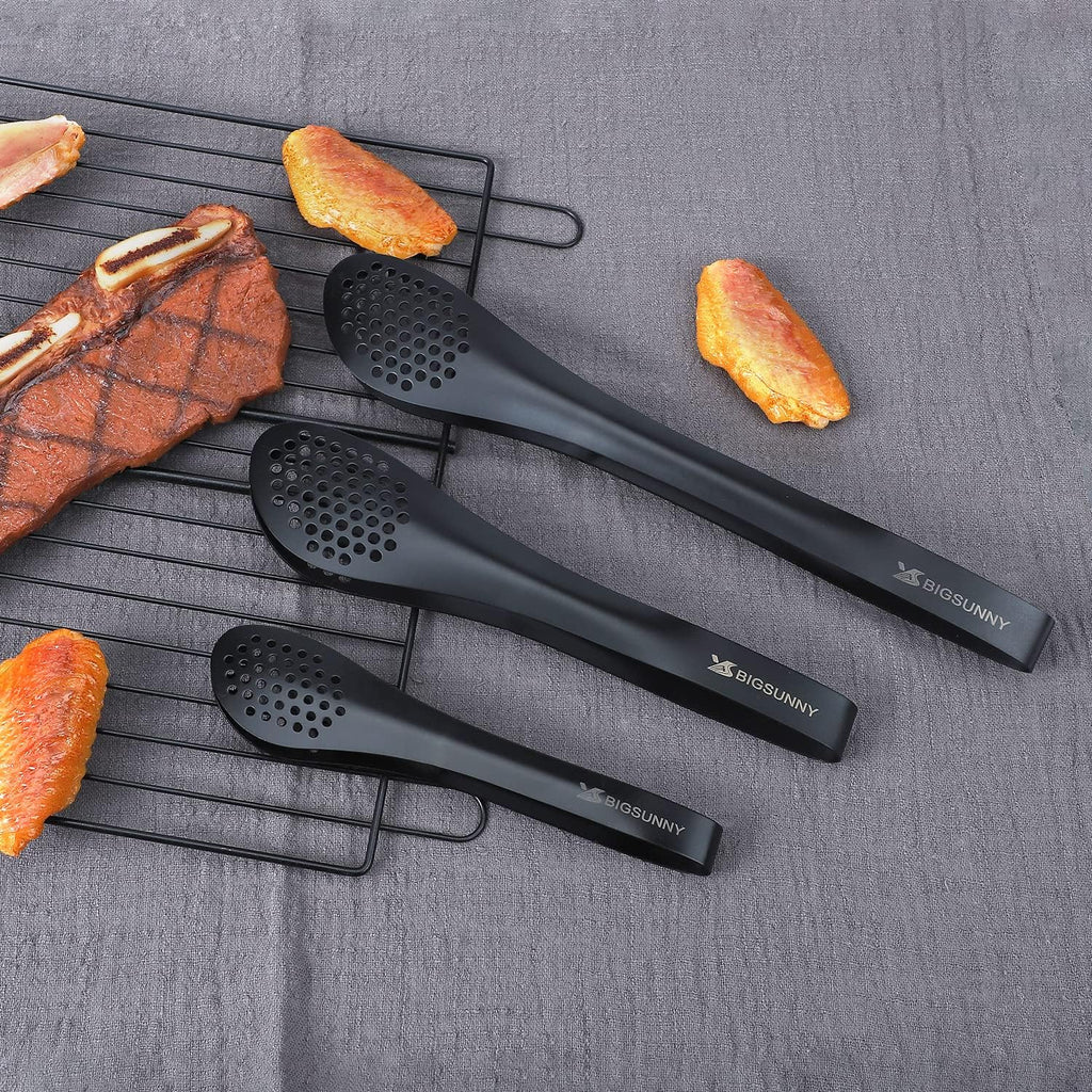 MSY BIGSUNNY Kitchen Buffet Tongs - Heavy Duty Food Serving Set for Cooking, BBQ - Metal Salad Tongs Set of 3 (Black 7" 9" & 11")