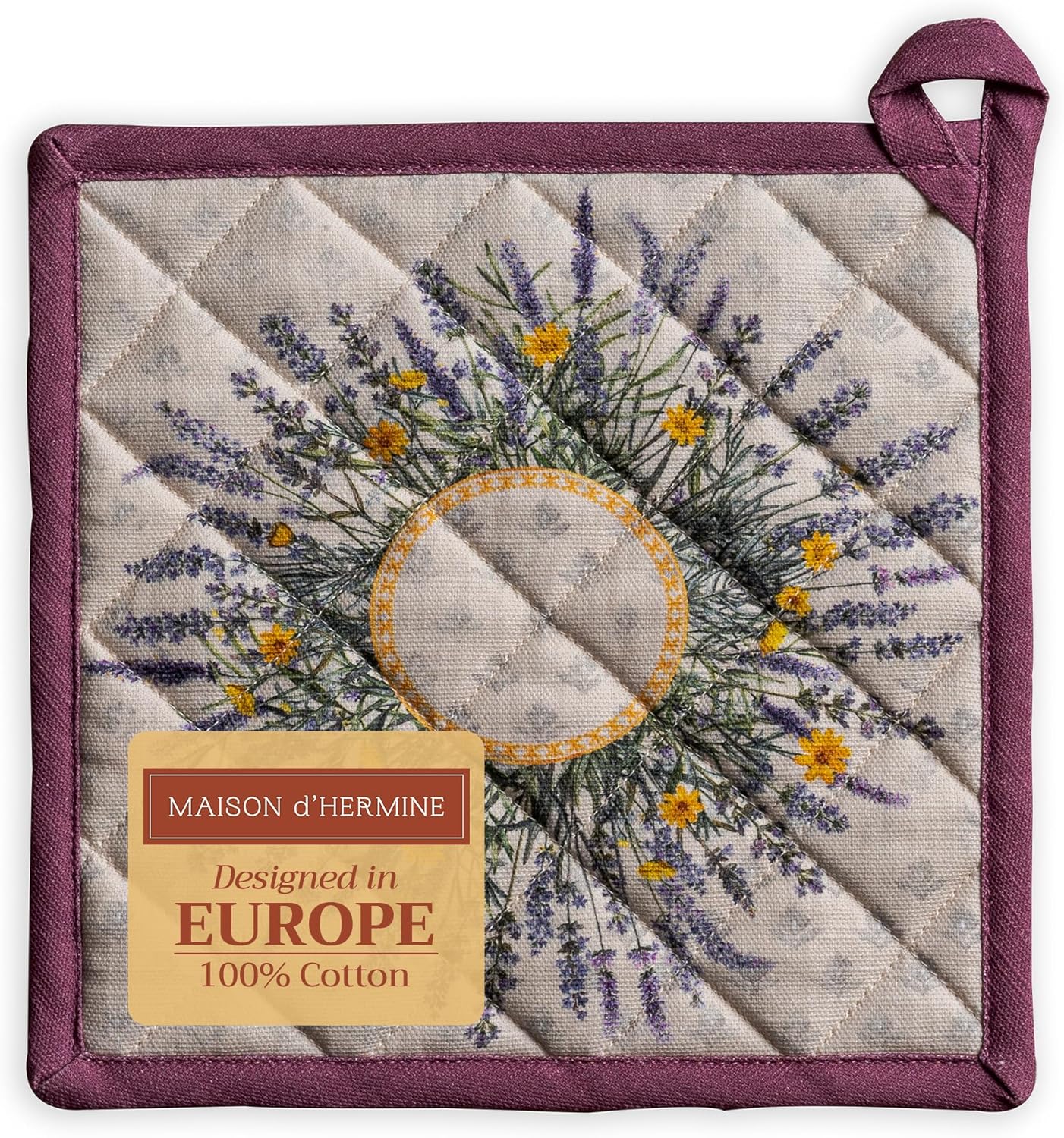 Maison d' Hermine Pot Holders 100% Cotton Heat Resistant Potholders 8" x 8" Hot Pads with Loop BBQ, Cooking, Baking, Grilling, Kitchen, Handling Hot Pans Spring/Summer (Pack of 1, Fanny Lavender)