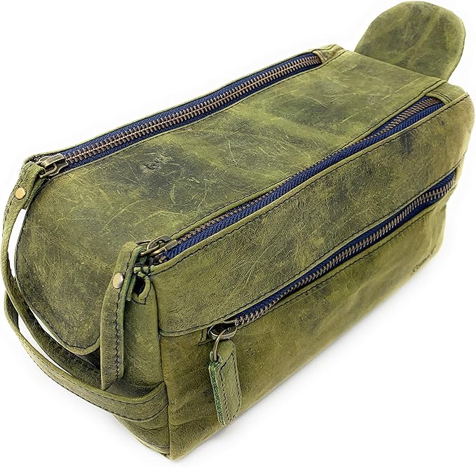 KomalC Premium Buffalo Leather Unisex Toiletry Bag Travel Dopp Kit