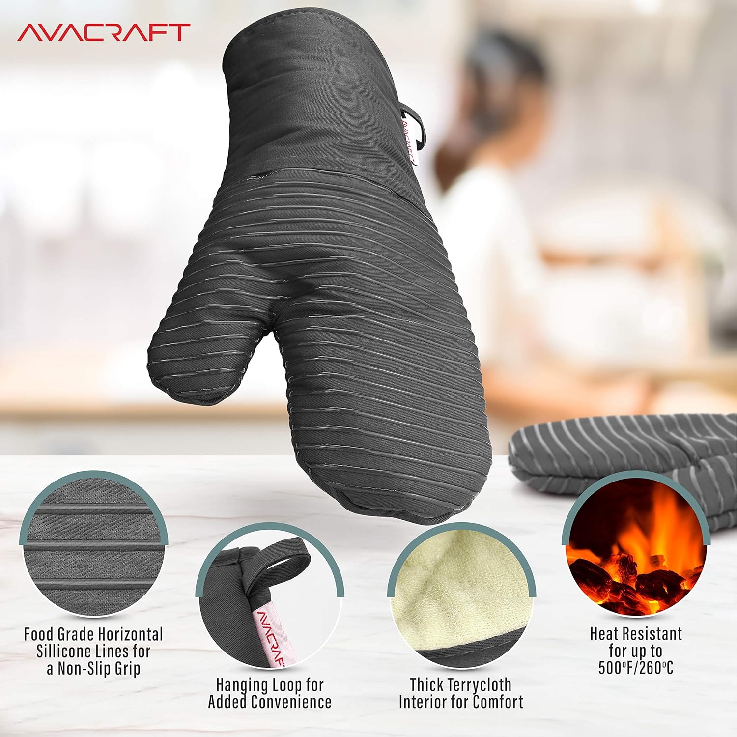 AVACRAFT Oven Mitts Pair, Flexible, 100% Cotton with Unique Heat Resistant Food Grade Silicone, Thick Terry Cloth Interior, 500 F Heat Resistant (Grey Oven Mitts)