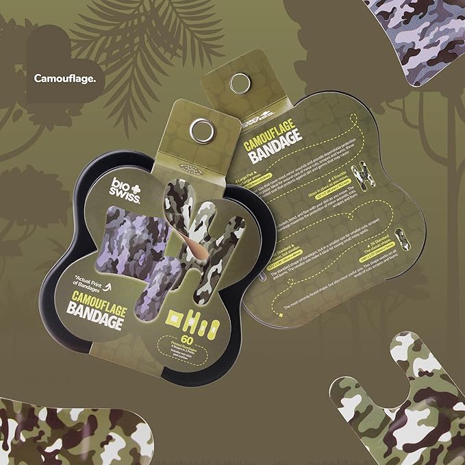 BioSwiss Bandages, Assorted Size Camoflauge Print Self Adhesive Bandage, Latex Free Sterile Wound Care, First Aid Kit Supplies for Kids and Adults, 60 Count