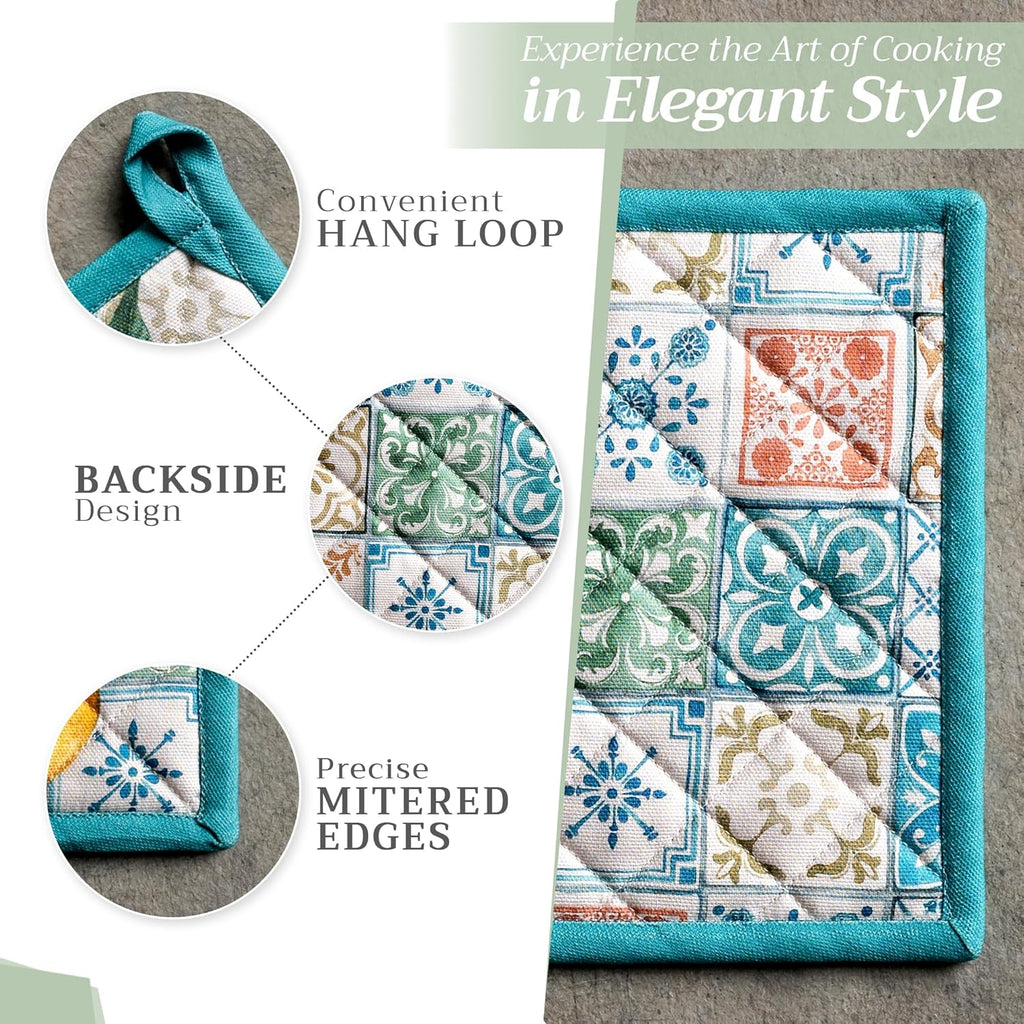 Maison d' Hermine Pot Holders 100% Cotton Heat Resistant Potholders 8" x 8" Hot Pads with Loop BBQ, Cooking, Baking, Grilling, Kitchen, Handling Hot Pans Spring/Summer (Pack of 1, Agrume)