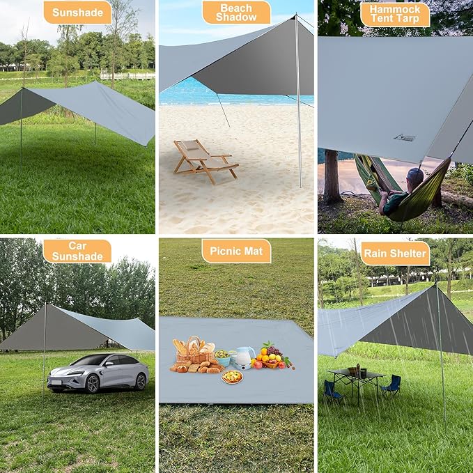 Camping Tarp with Poles, 16x12 Ft Camping Canopy, Waterproof Tent Tarp, Rain Shelter for Camping, Picnic,Beach, Outdoor Activities, Extra Large, Lightweight and UV Resistant, Extra Large, Grey