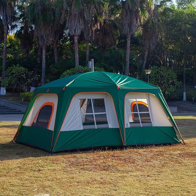 KTT Extra Large Tent 10-12-14 Person(A),Family Cabin Tents,2 Rooms,3 Doors and 3 Windows with Mesh,Straight Wall,Waterproof,Double Layer,Big Tent for Outdoor,Picnic,Camping,Family Gathering