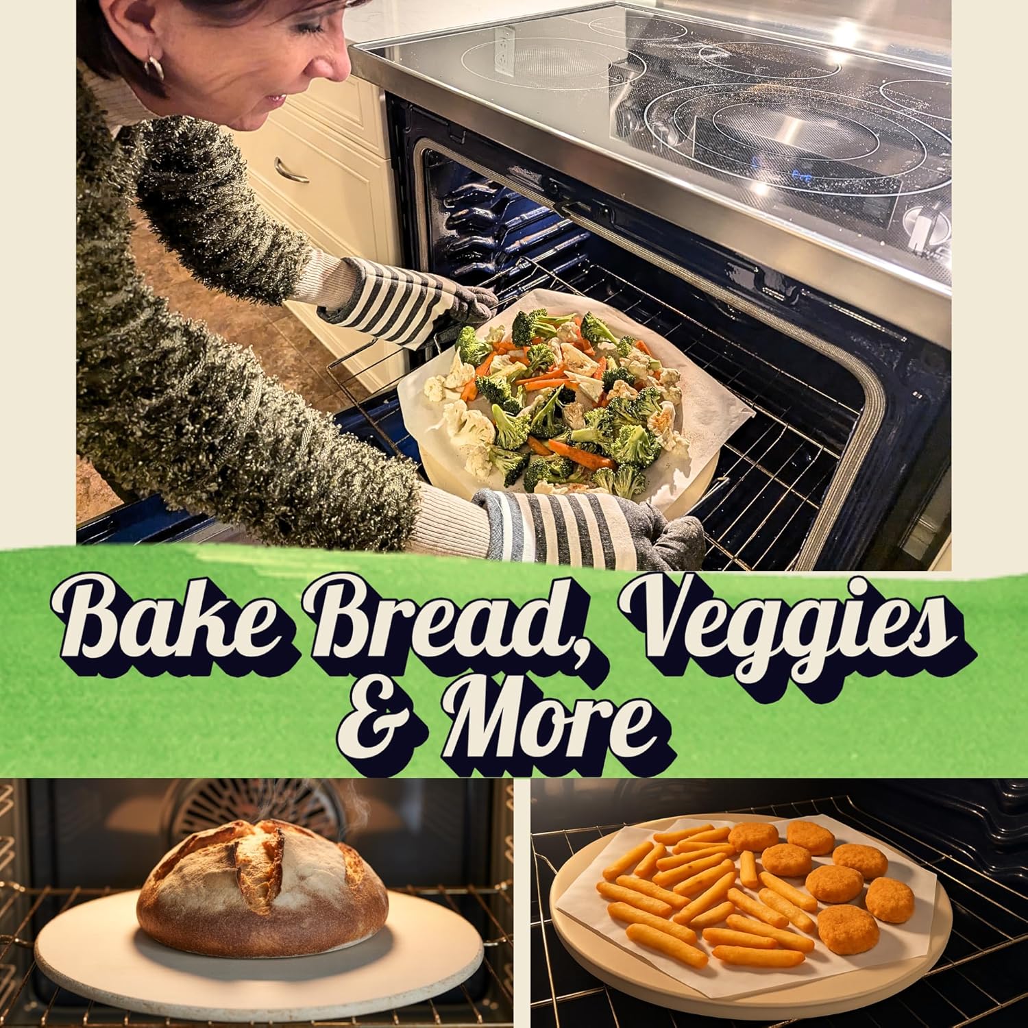 Round Pizza Stone for Oven 16 inch - Large Pizza Stone with Handles, Metal Pizza Peel, Pizza Cutter and Dough Tool - Baking Stone for Oven Bread - Thick Heavy Duty Cordierite Baking Stones