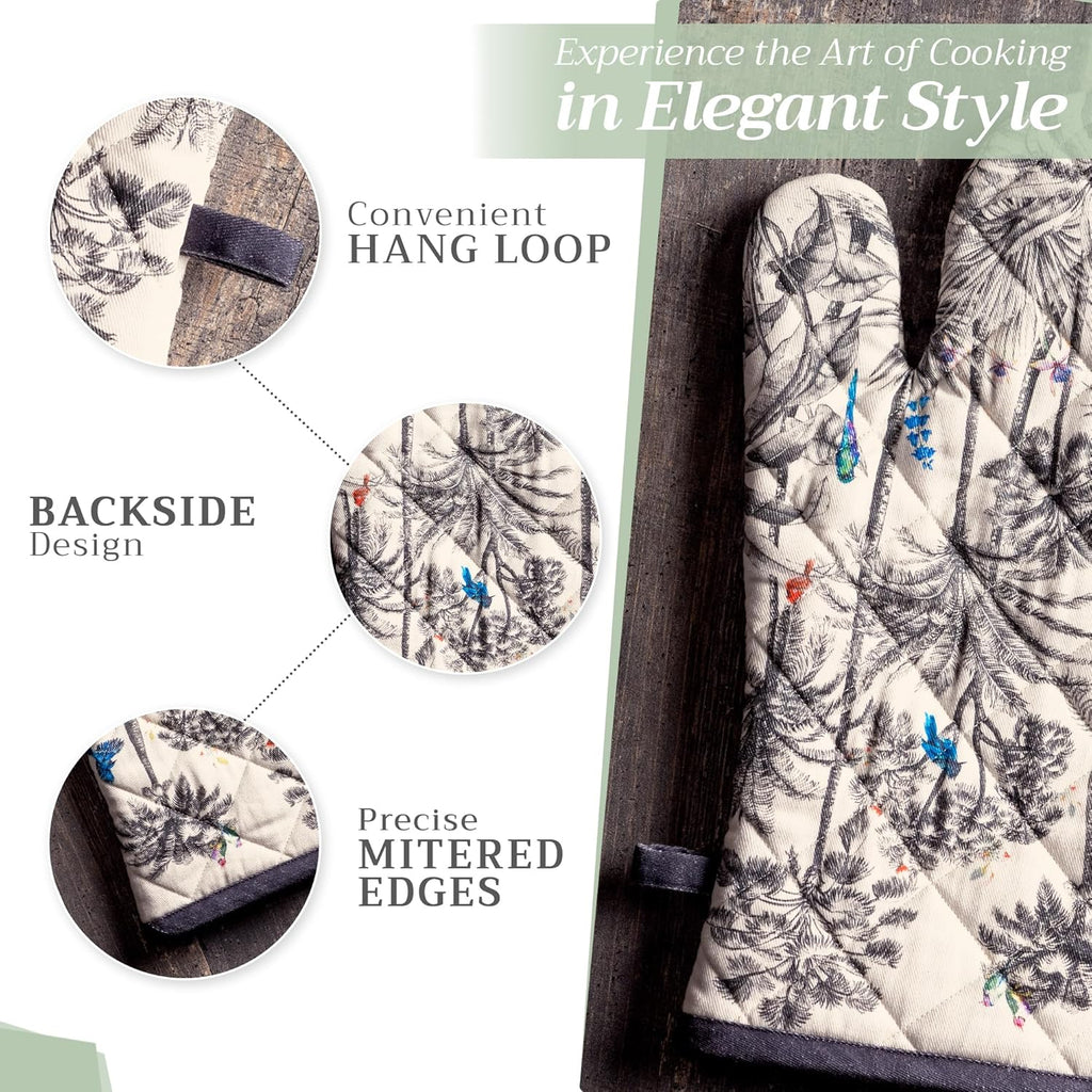 Maison d' Hermine 100% Cotton Oven Mitt & Pot Holder Set (7.5"x13" & 8"x8") Heat Resistant BBQ Cooking Gloves with Loop, Baking, Grilling, Kitchen, Handling Hot Pans (Amazonia)