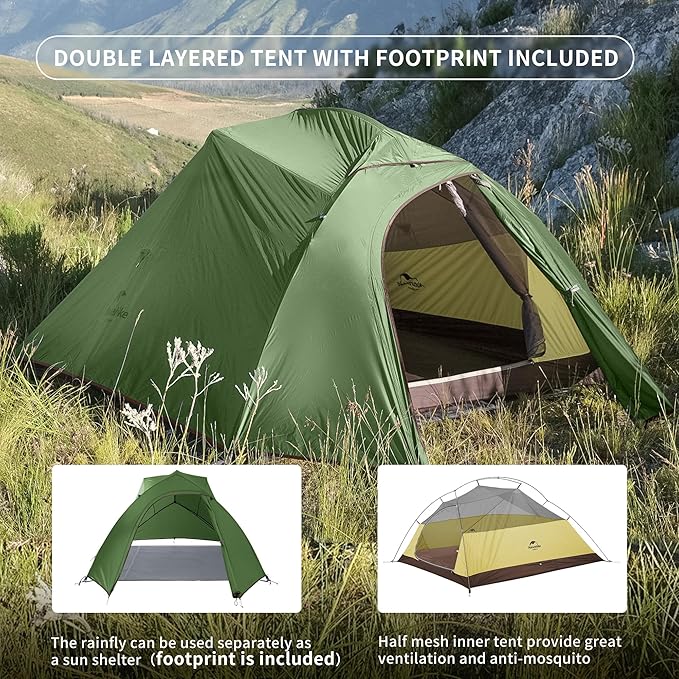 Naturehike Cloud-Up 3 Person Lightweight Backpacking Tent with Footprint - 3 Season Free Standing Dome Camping Hiking Waterproof Backpack Tents