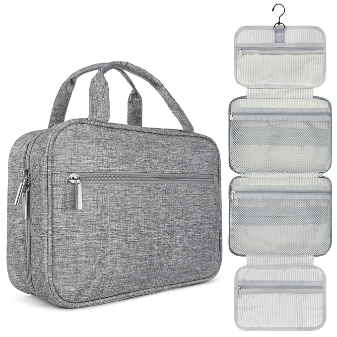 PAVILIA Hanging Toiletry Bag Travel Bag Women Men, Foldable Cosmetic Organizer, Roll up Makeup Bag, Water Resistant Accessories Toiletries, Large Travel Essentials Kit (Heather Grey)