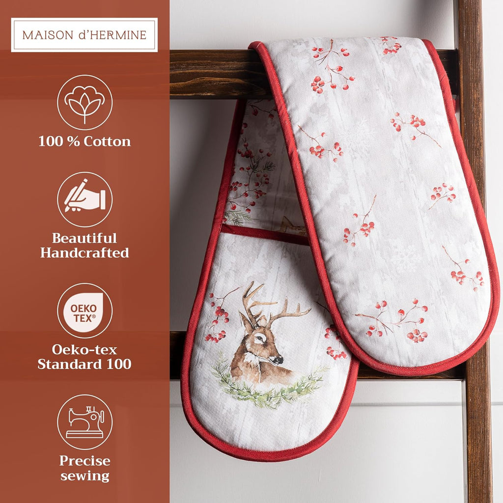 Maison d' Hermine Double Oven Mitt 100% Cotton Heat Resistant Cooking Gloves with Loop, Baking Barbeque, Handling Hot Pan, Mountain Life- Thanksgiving/Christmas (7 Inch x 35 Inch)