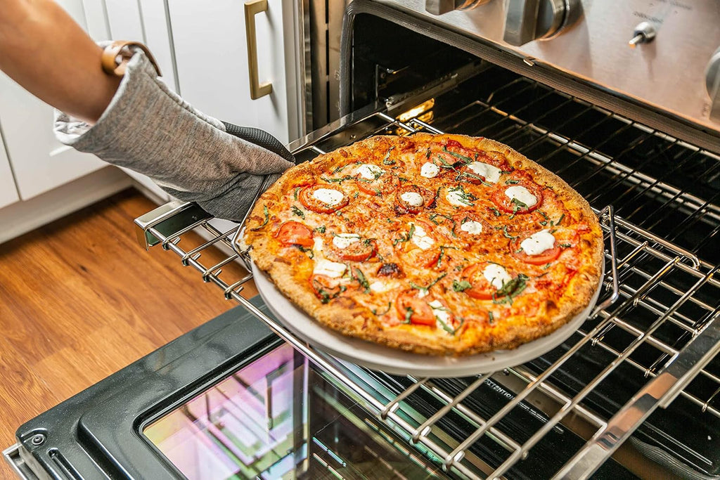 Cuzi Gourmet 4-Piece Large Pizza Stone Set - 13" Thermal Shock Resistant Cordierite Pizza Stone with Handle Rack, 19" Natural Bamboo Pizza Peel & Pizza Cutter - Large Baking Stone for Grill and Oven