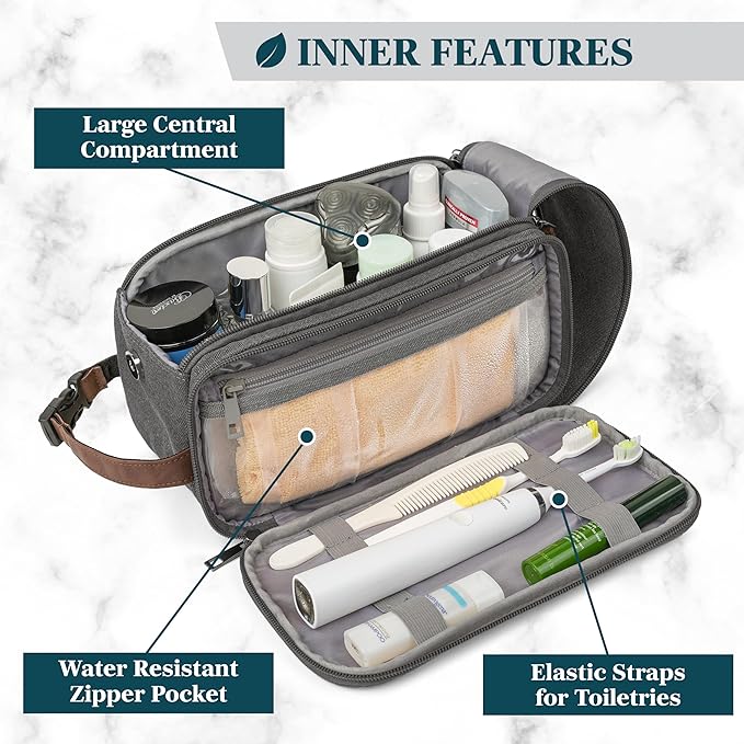 PAVILIA Toiletry Bag for Men Women, Canvas Travel Dopp Kit, Water Resistant Hygiene Bag Toiletries Organizer, Shaving Kit Travel Accessories Bag, Grey