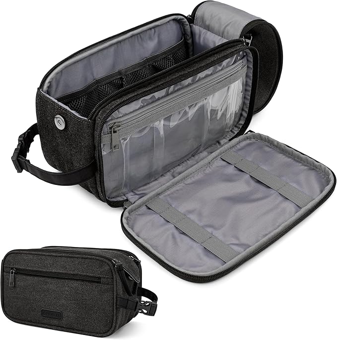 PAVILIA Toiletry Bag for Men, Canvas Travel Dopp Kit, Water Resistant Hygiene Bag Toiletries Organizer, Shaving Kit Travel Accessories Bag, Black