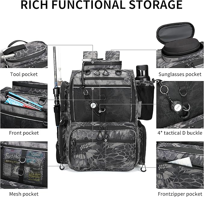 Rabjen Fishing Tackle Backpack with Rod Holders, Bottle Holder, Storage Bag Store Fishing Gear