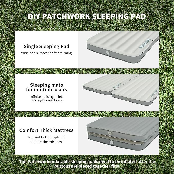 Naturehike Single Camping Mattress, Splicable Sleeping Pad with Air Pump Sack, 3.74" Thick Sleeping Mats with Strong Support for Travel, Car, Tent, Home