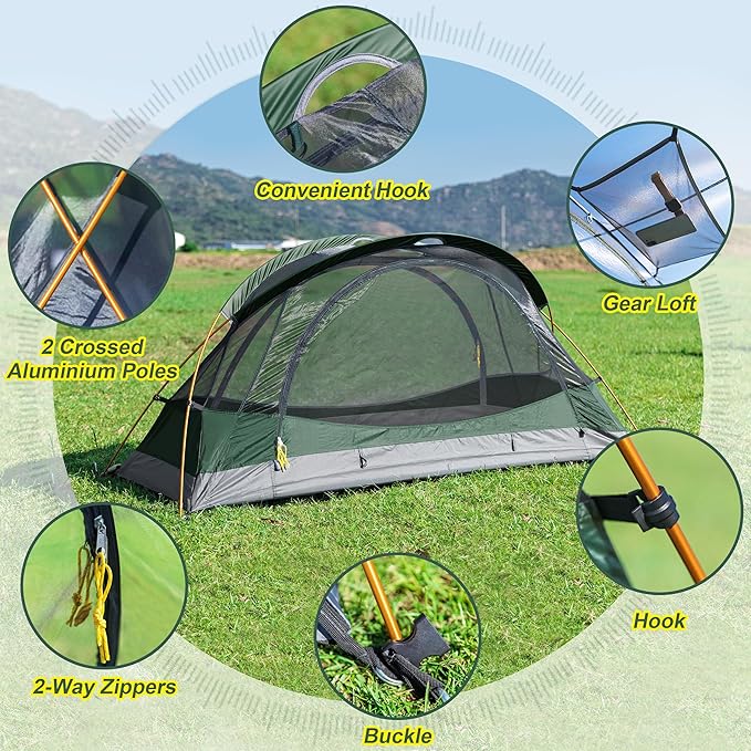 1 Person Backpacking Tent, Waterproof 4 Season Tent, Lightweight Cold Weather Tent Easy Setup for Winter Hiking, Camping, Hunting