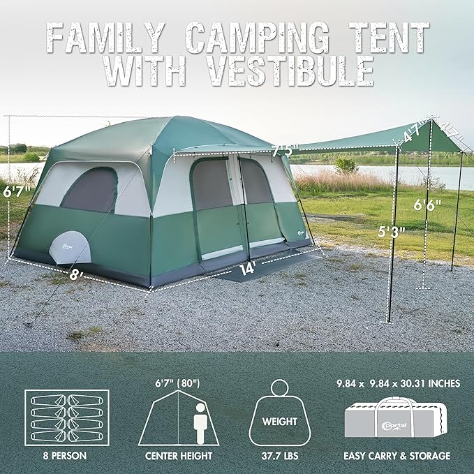 PORTAL 8 Person Family Camping Tent with Porch, Weather Resistant Camping Tents with Rainfly, Large Cabin Tents with 2 Room, Easy Set Up Tent for Outdoor Camping, Backyard